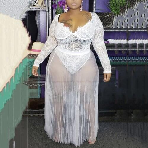 Sexy Dress Two Pieces Sets See Through Transparent Whit Black Long Sleeve Deep V Neck For Evening Night Club Cloth Dresses Long