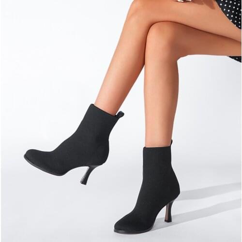 Sexy Women Thin High Heel Solid Color Black Slip On Slim Short Booties New Strange Heel Modified Leg Type Party Chic Ankle Boots