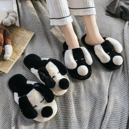 Cute Cartoon Dog Indoor Slippers Ladies Warm Plush Home Floor Shoes Soft Artificial Fur Non-slip Black and White Couple Shoes