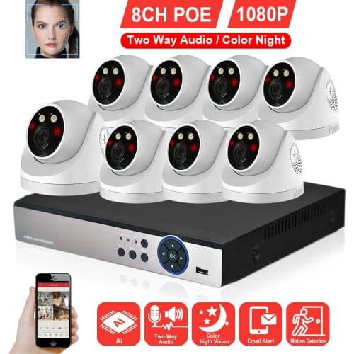H.265 8CH 2MP NVR System 48V 1080P POE Indoor Dome Two Way Audio IP Camera Video Surveillance Color Night Security Camera Set