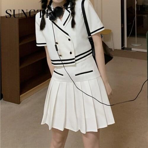 Sungtin Skirt Suits Blazer 2 Piece Sets Women Pleated Skirts Cropped Blazer Preppy Style Korean Suit Mini Skirts Student Uniform