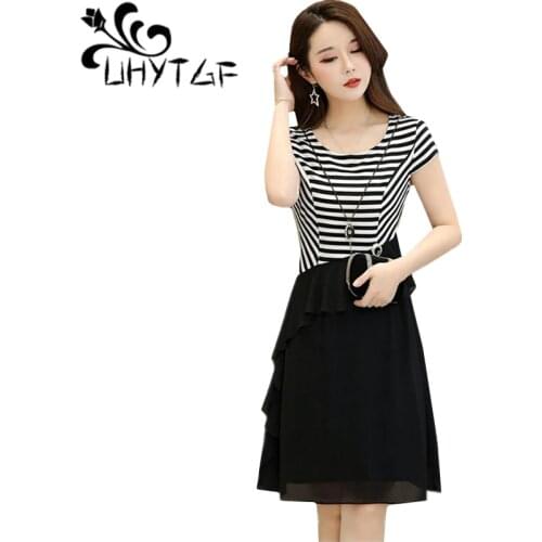 UHYTGF 5XL Plus size dresses female fashion chiffon fake two-piece summer dress striped short sleeve elegant womens dress 802