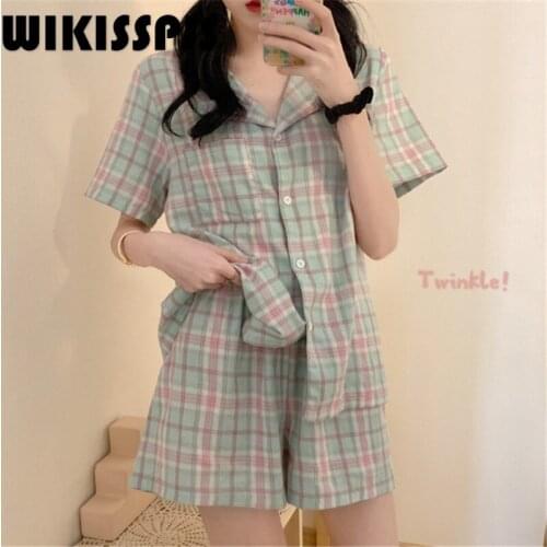 WIKISSPJS 2021 Summer New Super Cute and Comfortable Green Plaid Short Sleeve Home Clothes Women Pajamas Clothing Sets Women