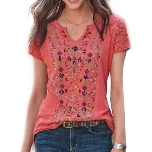 Women Hollow Out Lace Short Sleeve T-Shirts Sexy Notched V-Neck Casual Loose Tunic Tops Boho Floral Print Summer Blouse