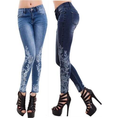 Embroidery Flower Pattern Jeans For Women Elastic Pencil Pants Jeans Female High Street Slim Denim Pants Spring & Autumn Jeans