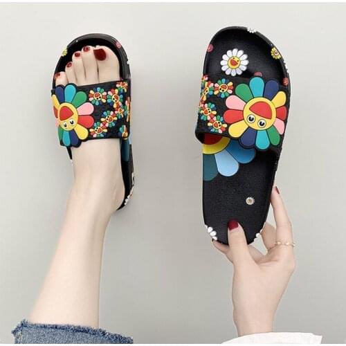 2021 Women Slippers Cute Flower Print PU Sandals Platform Non-slip Indoor Cartoon Slippers Outdoor Casual Comfort Flats Sandals