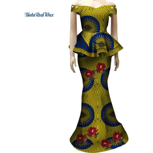 African Applique Flower Top and Skirts Sets for Women Bazin Riche Traditional African Women Clothing 2 Pieces Skirts Sets WY4028