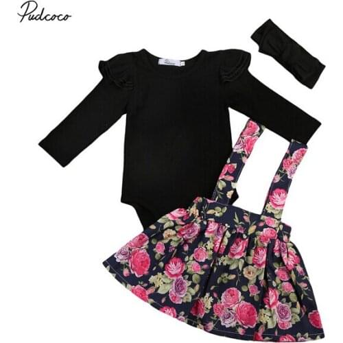 Kids Baby Girls Floral 3PCS Outfits Black Ruffles Jumpsuit Rompers Flower Print Skirts Overalls Set Pageant Princess Clothes