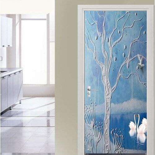 European Style Blue Swan Lake Tree 3D Door Sticker for Bedroom Bathroom Wall Decoration PVC Waterproof Self-adhesive Photo Mural