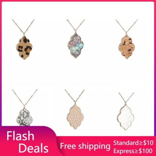 Abalone shell Leopard Curved Hexagon Pendant Necklace snakeskin leather wood grain Long Chain Necklaces designer brand jewelry