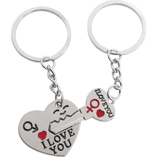 "I LOVE YOU" Heart & Key Splicing Style Key Chain Charms Puzzle Type Key Rings For Lovers A Pair Of Two Piece Set