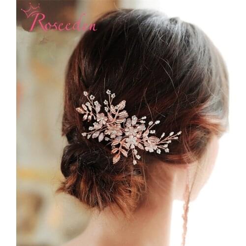 Delicate Wedding Hair Jewelry Handmade Flower Bridal Hair Comb Pins Opal Crystal Rose Gold Women Prom Headpiece RE3498