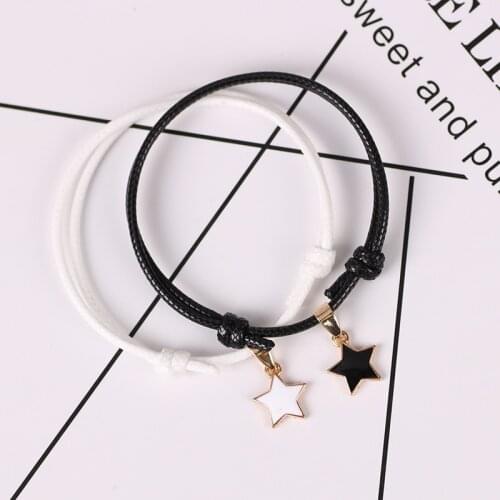 Classic Couple Bracelet Five-pointed Star Shape Black And White Leather Rope Pendant Men And Women Fashion Alloy Jewelry Gift