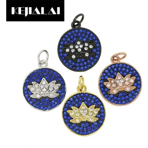 KEJIALAI Round Charm Paved with Full Blue Zirconia Rhinestone Crystal Flower Pattern Fashion Pendant for DIY Jewelry Making