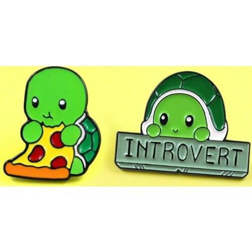 Cute Animal Green Turtle Pizza Tortoise Brooch INTROVERT Tortoise Brooches Lapel Pin Shirt Badge Turtle For Kids Jewelry Pins