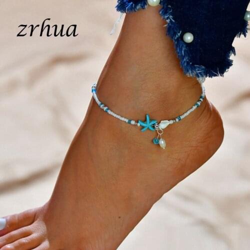 Modyle Bohemian Beads Ankle Bracelet for Women Leg Chain Blue Starfish Anklet Vintage Shell Foot Jewelry Accessories