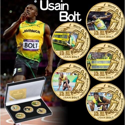 5pcs Sprint World Record Holder Gold Plated Commemorative Coins Set with Coin Holder Jamaica Sports Collectibles Souvenir Gifts