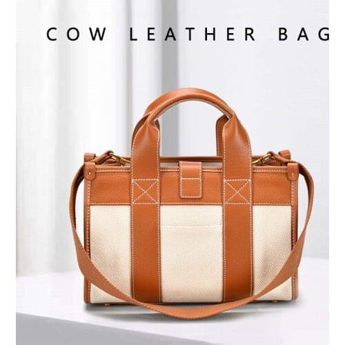 2021 New Korean Female Baotou Layer Cowhide with Canvas Tote Bag INS Network Red Envelope Bag