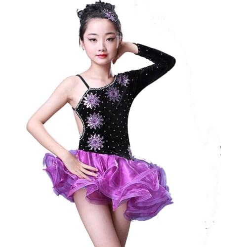 Girl Latin Dance Dress Puprple Long Sleeve Ballroom Dancing Dress Girl Competition Dancewear Kids Kid Dance Costumes Set