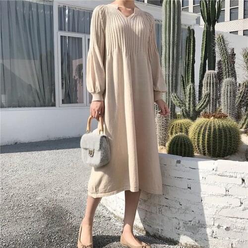 Vintage Women Girl Chic Knitting V-neck Long Sleeve Dress Loose Elastic 2019 Autumn Winter Womens Soft Warm Sweater Dresses