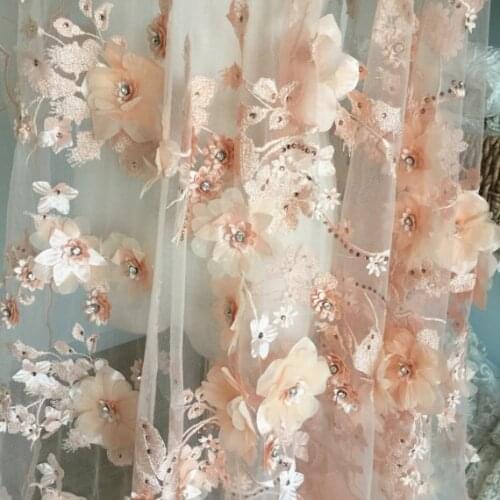 Luxury rhinestone beaded 3D lace fabric in trendy peach color Super soft netting, dimension in this glorious fabric