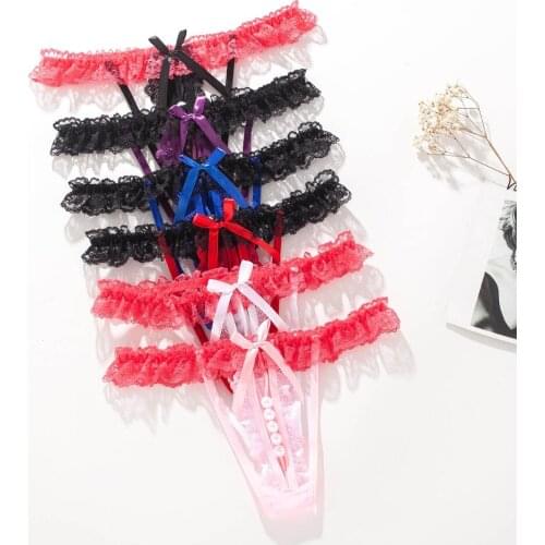 Sexy see-through bow lace thong womens low-waist pearl massage g-string Transparent sexy panties sexy underwear erotic pussy