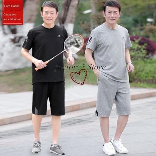 Loose Dad a Short-Sleeved T-shirt Sports Suit Middle-Aged Womens Old Man Thin Clothes Mens Summer Cotton