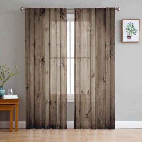 Vintage Brown Wooden Board Print Sheer Window Panel Curtains Room for Living Room Bedroom Kitchen Room Chiffon Tulle Curtains