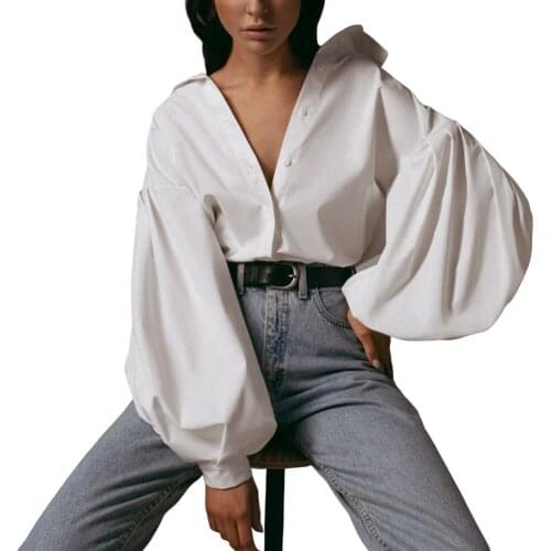New Women Hot Fashion Casual Long Sleeve Button Down Top Loose Solid Color Lantern sleeve Blouse Ladies Summer Autumn Breathable