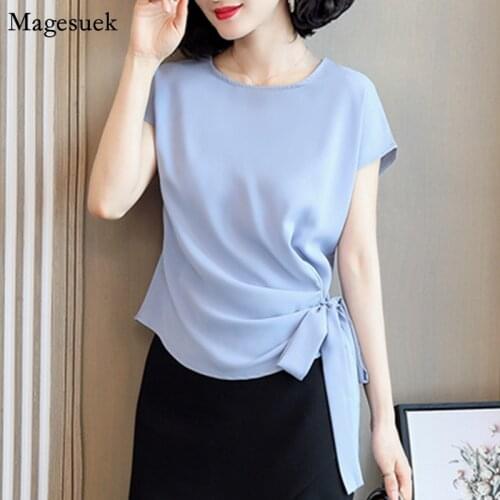 Plus Size Solid Blouse Women Office Lady Bow Short Seeve Female Shirt Tops O-Neck Summer Clothes For Women Blusas Mujer 9899
