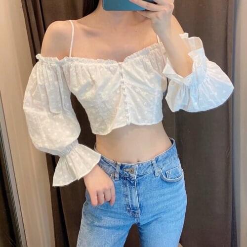 Summer ladies pure white sling top high quality embroidered shirt sexy off-shoulder shirt short suspender blouse