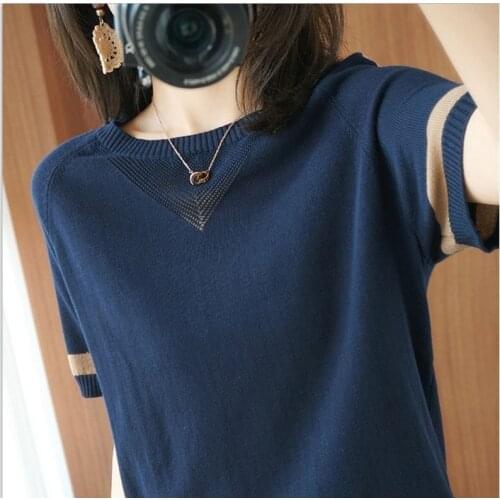 2021 New large size ice silk short-sleeved womens T - shirt, Korean version loose patchwork jacket new hollow womens knitwear