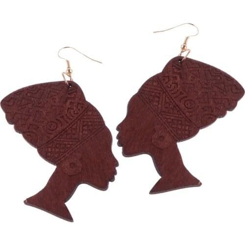 Women Natural Wood African Lady Head Dangle Earrings Wooden Studs Jewelry