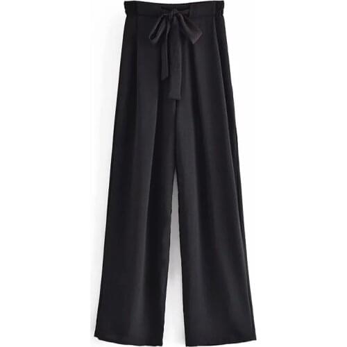 Za Women 2021 Wide-leg Elastic High Waist Lace Up Trousers Side Pockets And False Welt Pockets At The Back Female Ladies Pants