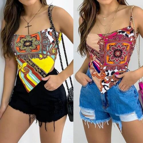 2021 Fashion Hot Sale Floral Printed Sling Top Summer Bohemian Beach Style Backless Tank Tie Knot Front Cut Out Mini Vest Women