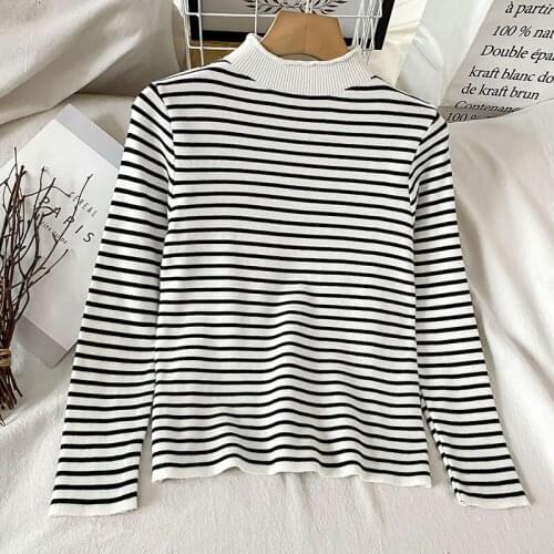 High Collar Knitted Striped Long Sleeve Top Womens Spring 2021 New Style Retro Sweater Fashion