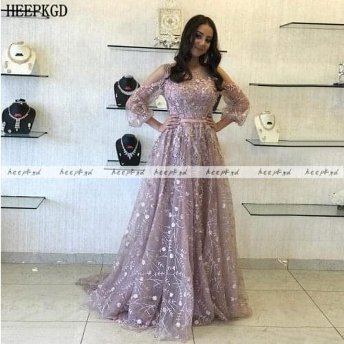 New Lace Dubai Evening Dress With 3/4 Sleeves A Line Pink Flowers Long Formal Occasion Dresses Plus Size Women Prom Gowns Cheap