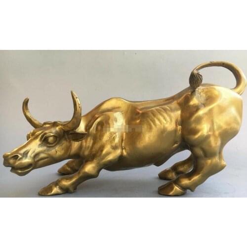 13'' Brass carved home fengshui decor auspicious beast animal bull ox statue