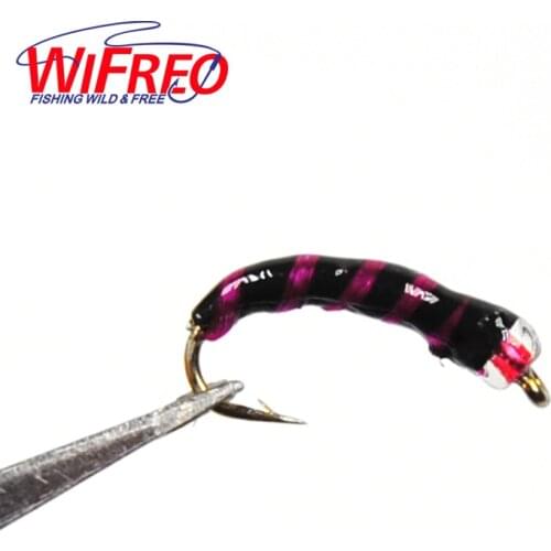 8PCS 14# Wifreo Red and Black Bead Head Nymph Trout Fly Peacock Hackle Pink and Bule body Fly fishing Hook