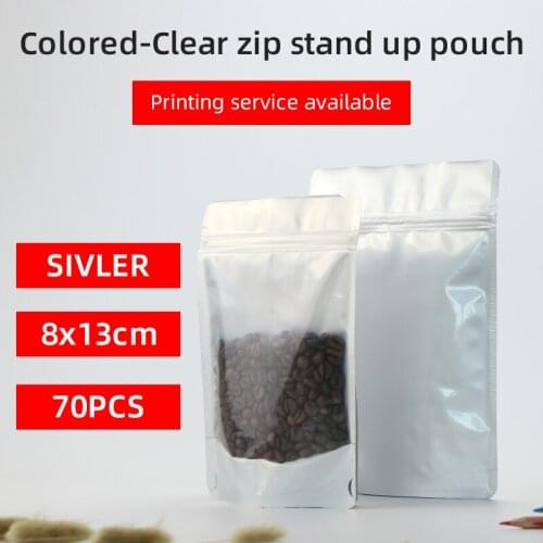 8x13cm 70pcs silver stand up pouch with zip aluminum foil zip lock bag sivler and clear packaging bag for Tea coffee pet food