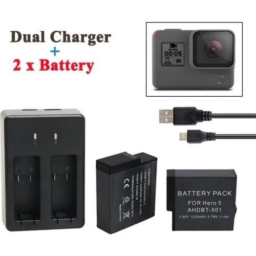 For GoPro Hero 5 6 7 8 Battery 2PCS 1220mAh GoPro 5 Battery +Dual Battery Charger For GoPro Hero5 6 7 8 Black Camera Accessories