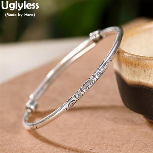 Uglyless Adjustable Push-pull Glossy Silver Bangles for Women 990 Full Silver Engraved Fishes Ethnic Bangles Vintage Dress Jewel