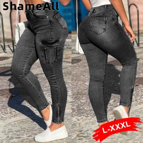 Plus Size Pockets Patchwork Slim Fit Cargo Jeans 3XL Vintage Streetwear High Waist Zip Hem Stretchy Skinny Denim Pencil Pants