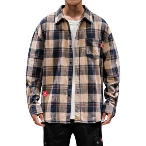 Plaid Long Sleeve Cotton Shirt Men Casual Japanese Army Mens Clothing Plus Size 2020 Streetwear Autumn Spring Social Shirts Top