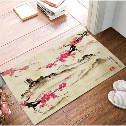 Landscape Sakura Branches in Traditional Japanese Sumi-E Style Anti-Slip Door Mat Home Decor, Indoor Entrance Doormat