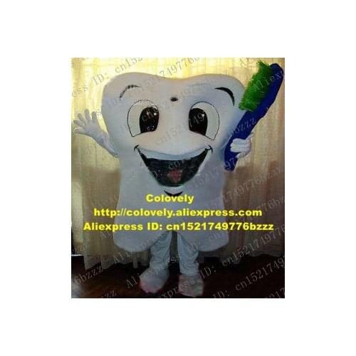 Cute White Tooth Teeth Mascot Costume Mascotte With Blue Green Toothbrush Big Black Eyes Adult Party Suit No.284 Free Shipping