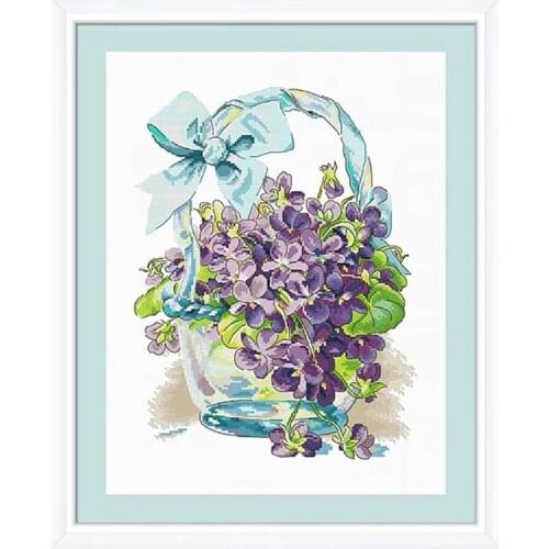 Spring Forget Me Not Flowers in Basket Stamped Cross Stitch Kit, 15.8" x 19.7"