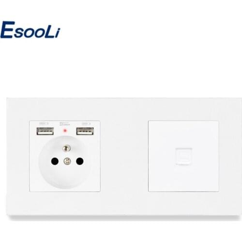 Esooli PC Plastic Panel French Standard Wall Socket with 2 USB Charge Port + RJ45 Internet Computer Connector Enchufe Pared USB