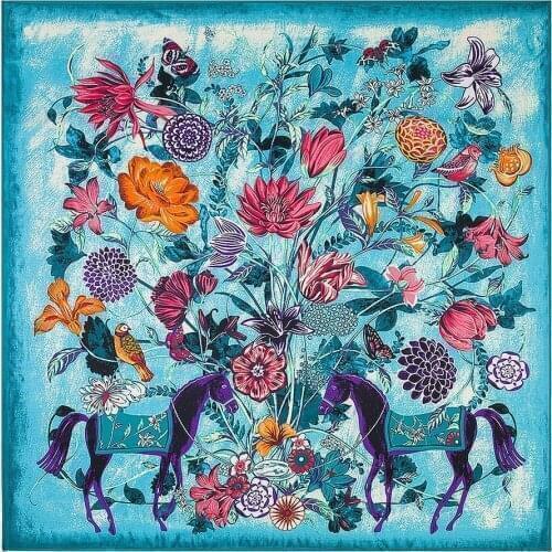 130cm*130cm New Luxury Brand Twill Silk Floral Horse Print Scarf For Women Hijab Headband Large Square Scarves Female Shawls