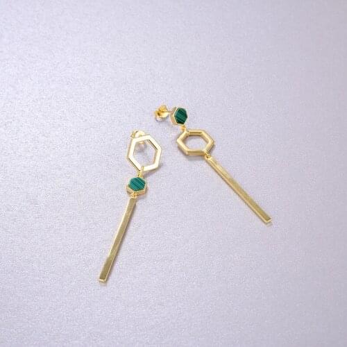 High Jewelry S925 Sterling Silver Natural Malachite Earrings New Fashion Luxury Hexagon Pendant Earrings for Women